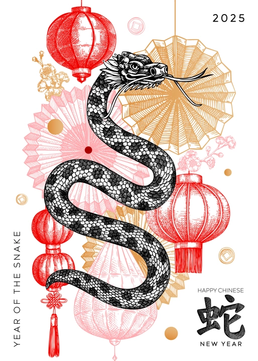 Chinese New Year greeting card. Snake sketch. 2025 Lunar New Year party invitation. Hand-drawn vector illustration. NOT AI generated